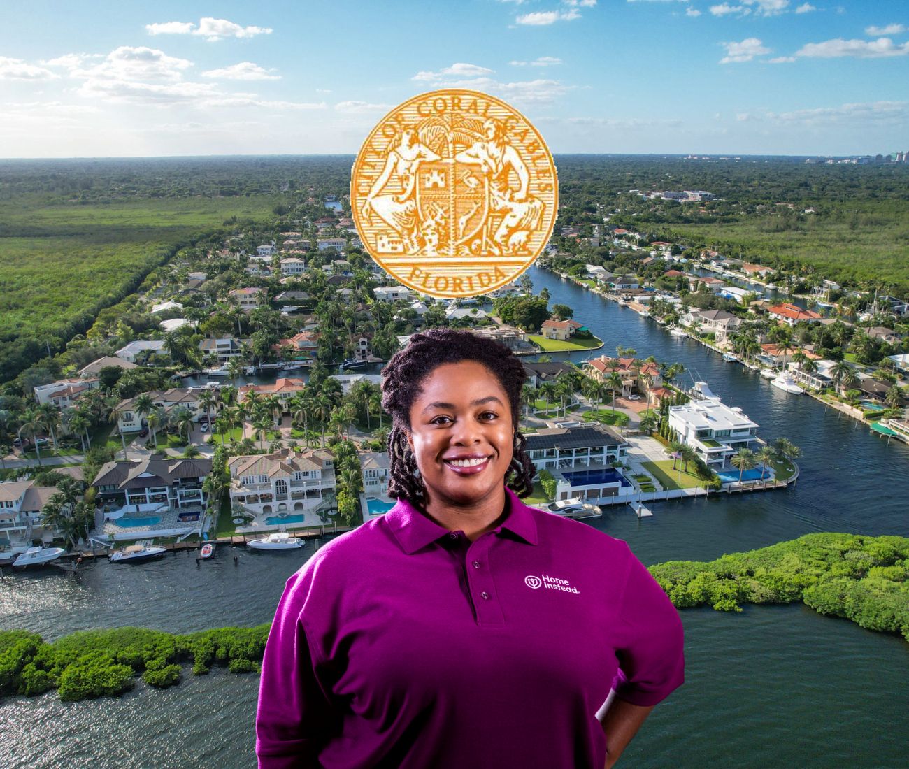 Home Instead caregiver with Gables by the Sea, Florida in the background