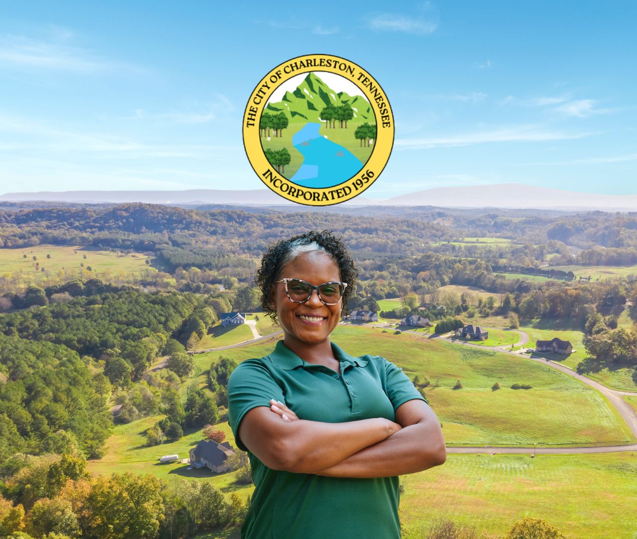 Home Instead caregiver with Charleston Tennessee in the background