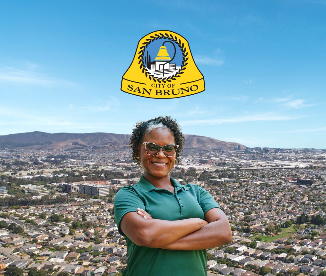Home Instead caregiver with San Bruno, CA in the background