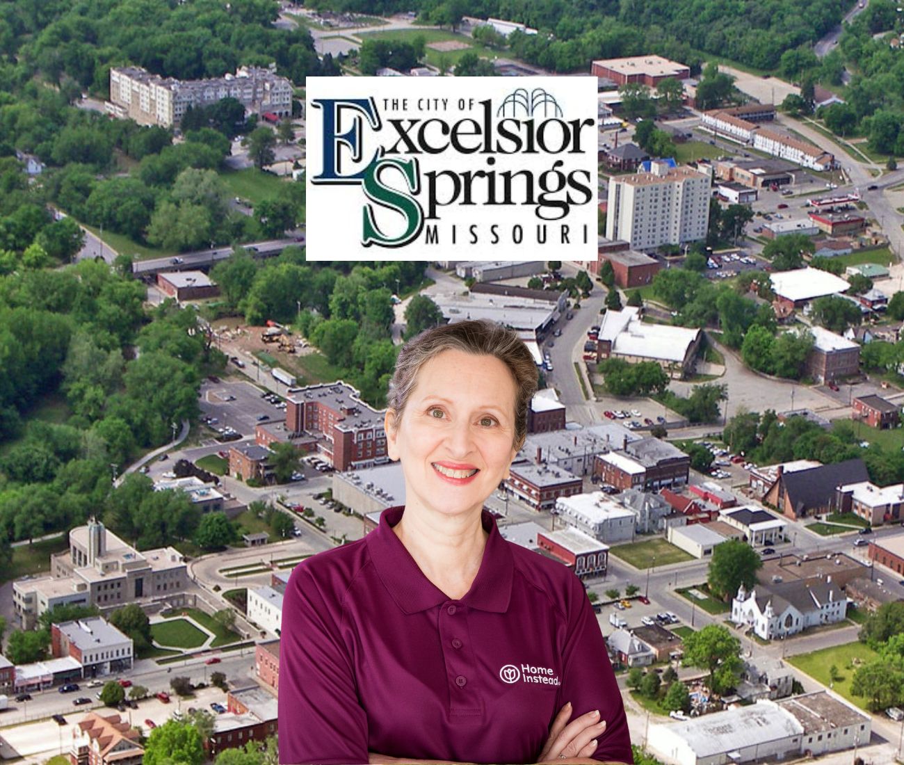 Home Instead caregiver with Excelsior Springs, MO in the background