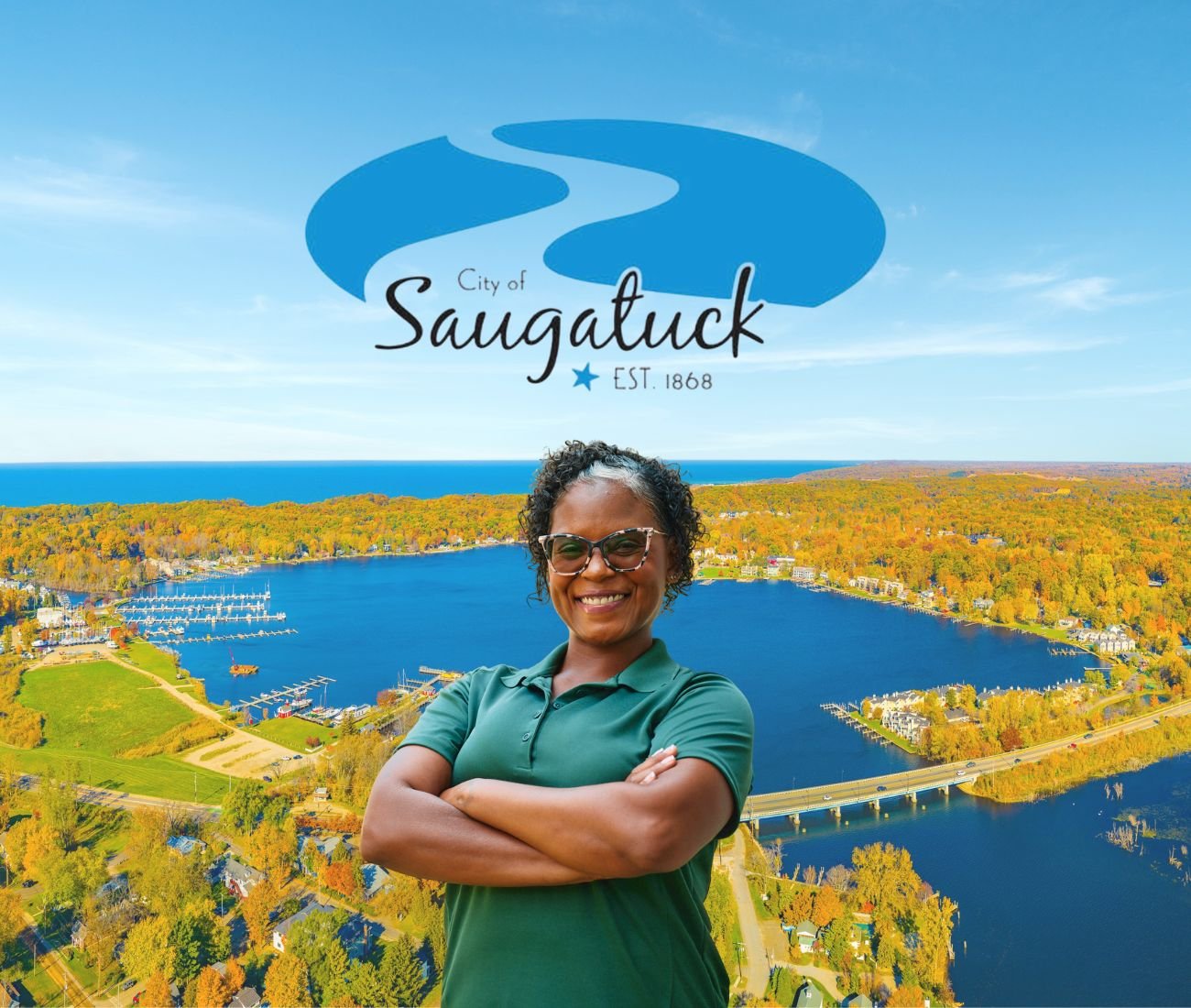 Home Instead caregiver with Saugatuck, MI in the background