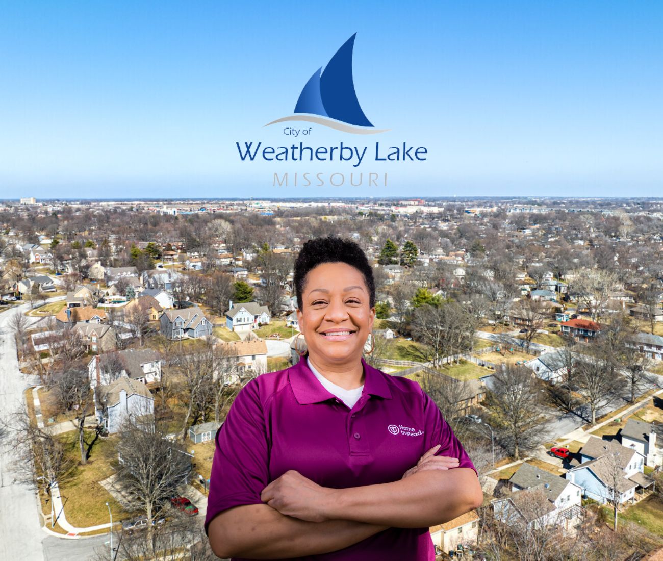 Home Instead caregiver with Weatherby Lake Missouri in the background