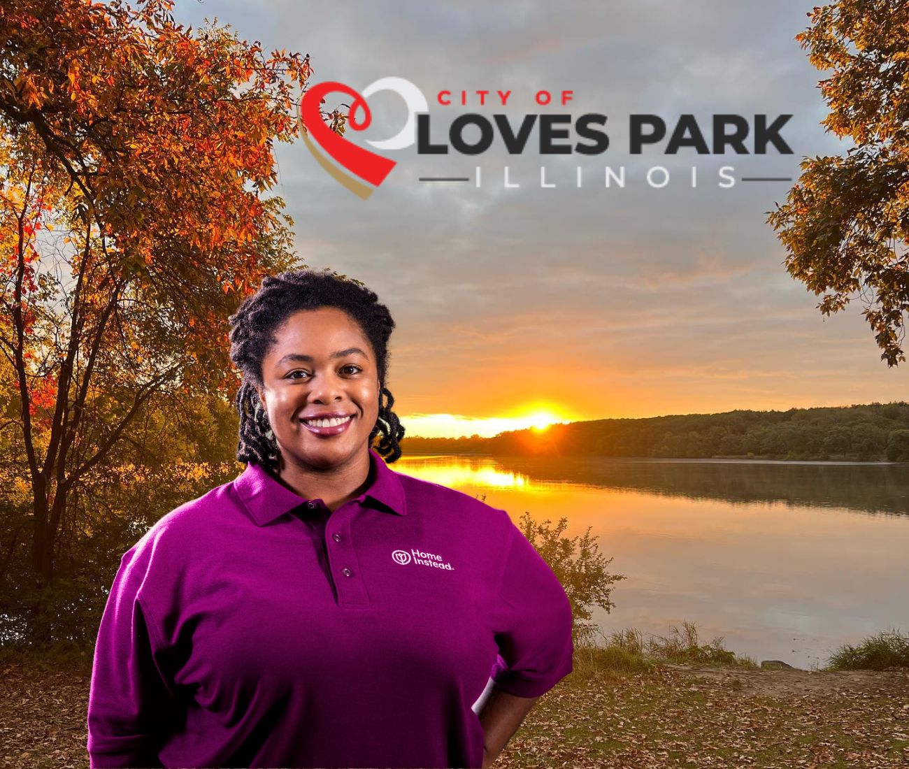 Home Instead caregiver with Loves Park Illinois in the background