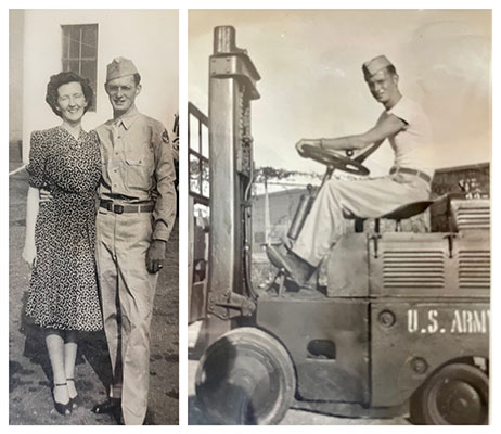 Collage of two old photos of any army service man with his wife and driving a forklift