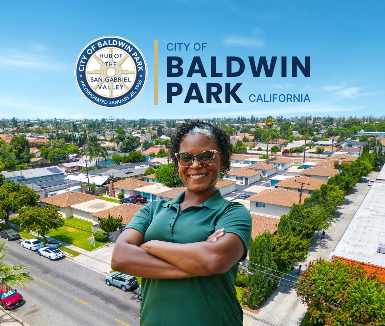 Home Instead caregiver with Baldwin Park, CA in the background