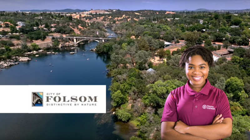 Home Instead caregiver with Folsom California in the background