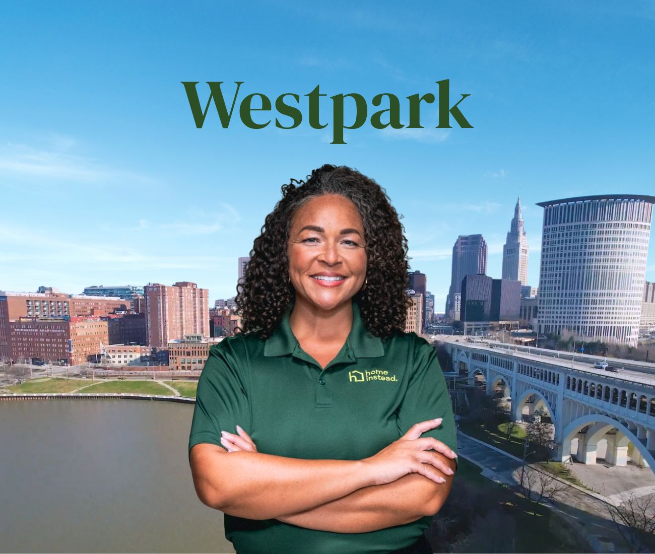 Home Instead caregiver with Westpark, OH in the background