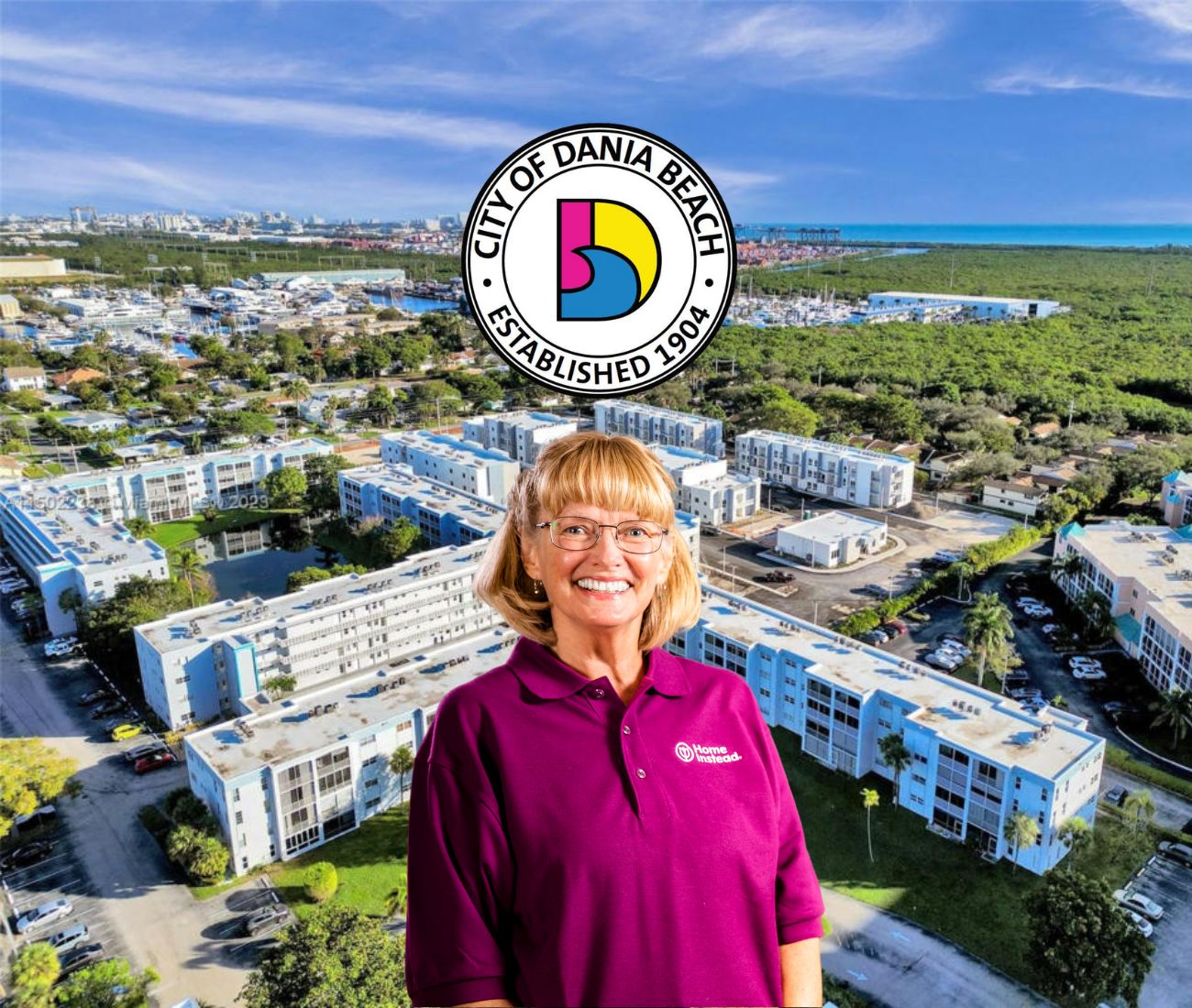Home Instead caregiver with Dania Beach, FL in the background