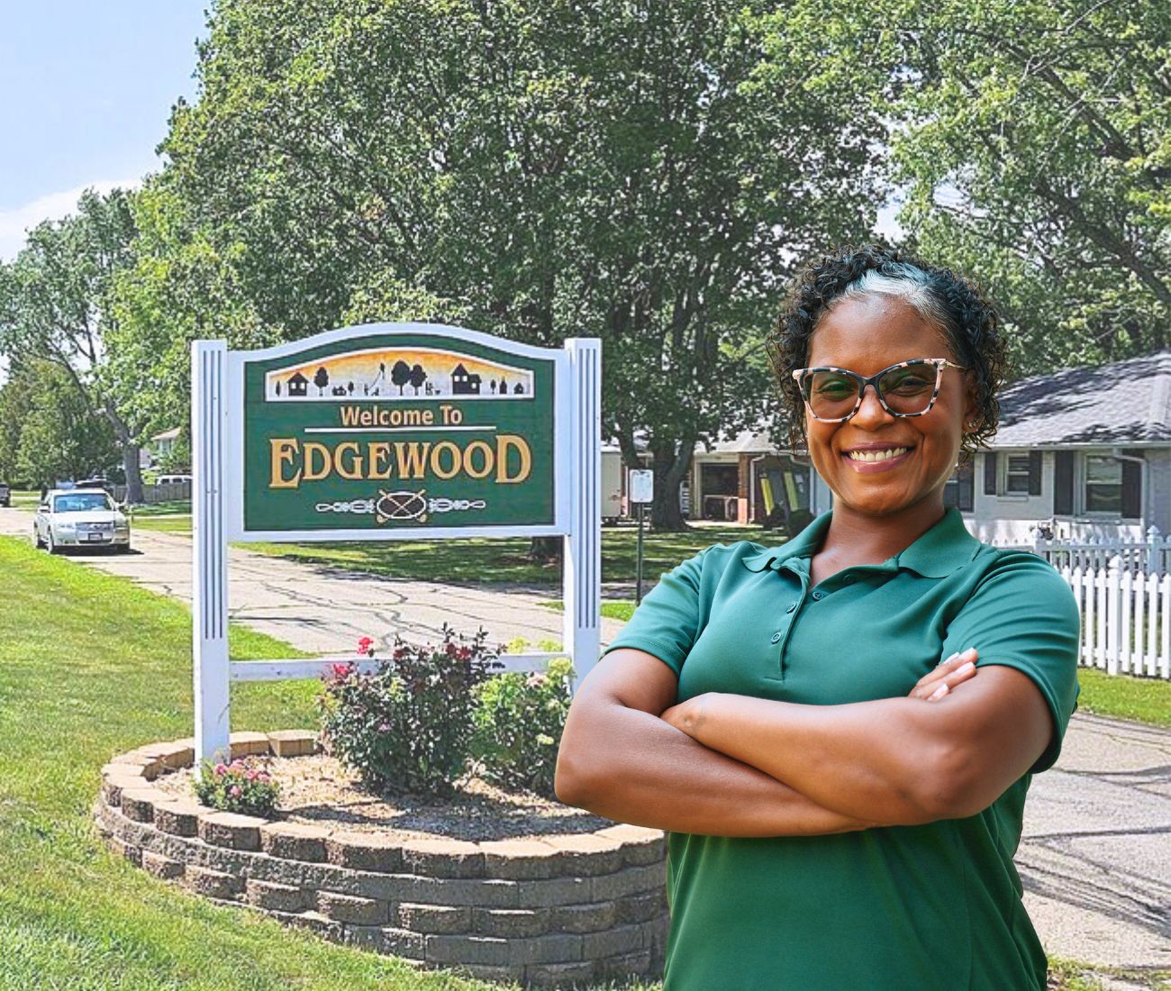 Home Instead caregiver with Edgewood, IN in the background