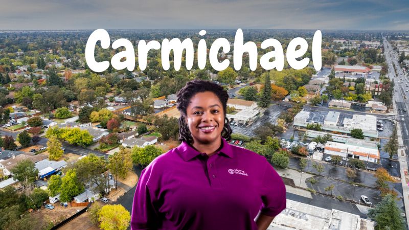 Home Instead caregiver with Carmichael California in the background