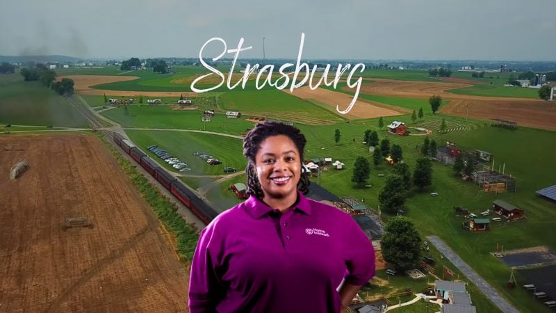 Home Instead caregiver with Strasburg Pennsylvania in the background