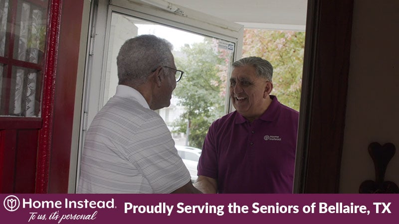 home instead caregiver greeting senior in bellaire texas