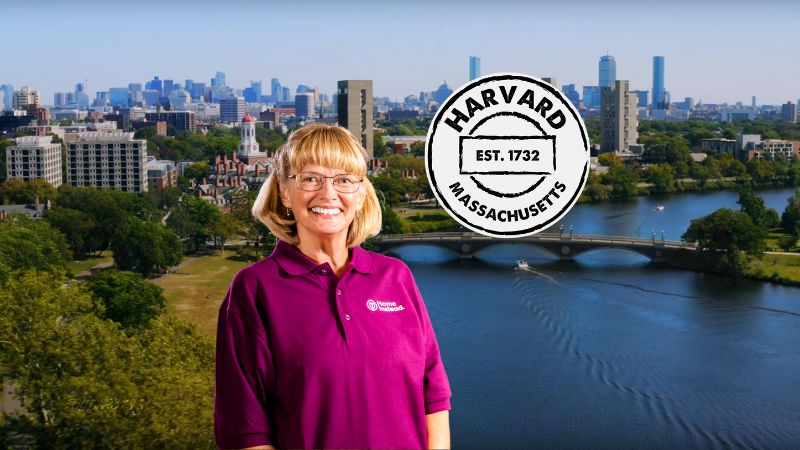 Home Instead caregiver with Harvard Massachusetts in the background