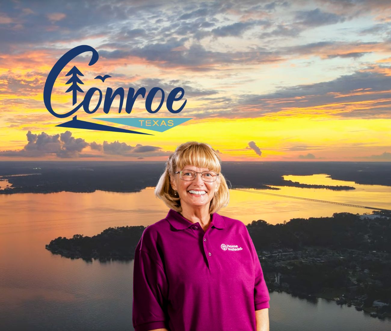 Home Instead caregiver with Conroe Texas in the background