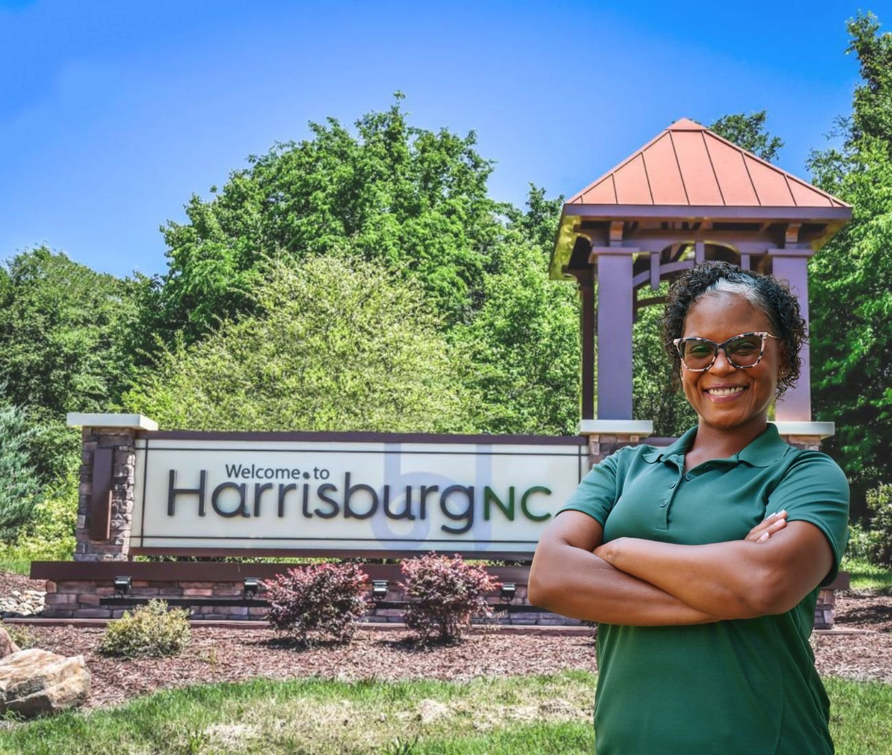 Home Instead caregiver with Harrisburg North Carolina in the background