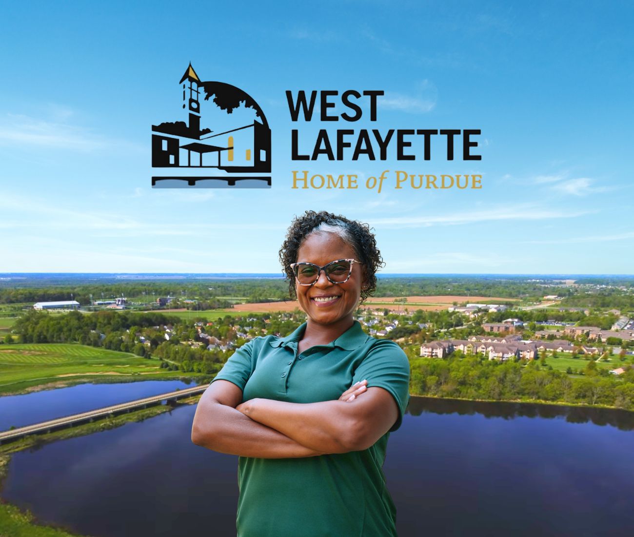 Home Instead caregiver with West Lafayette, IN in the background