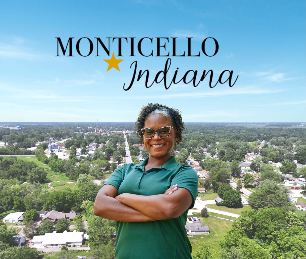 Home Instead caregiver with Monticello Indiana in the background