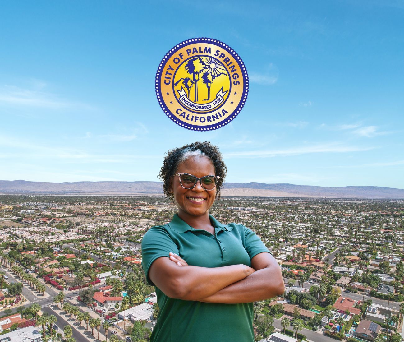 Home Instead caregiver with Palm Springs, CA in the background