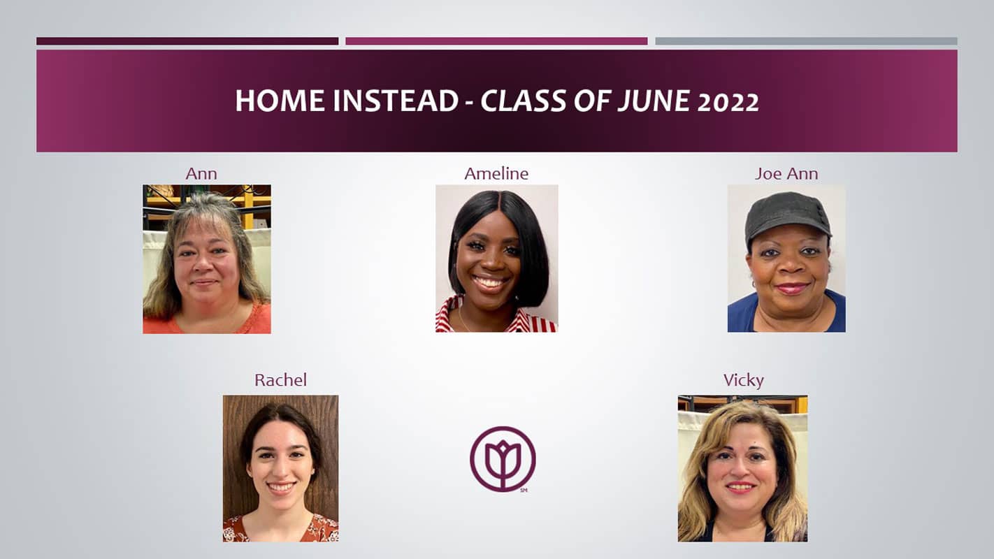 Image showing the June 2022 Care Professional Class. Class includes from left to right in the top row Ann, Ameline, Joe Ann and from left to right on the bottom row, Rachel and Vicky