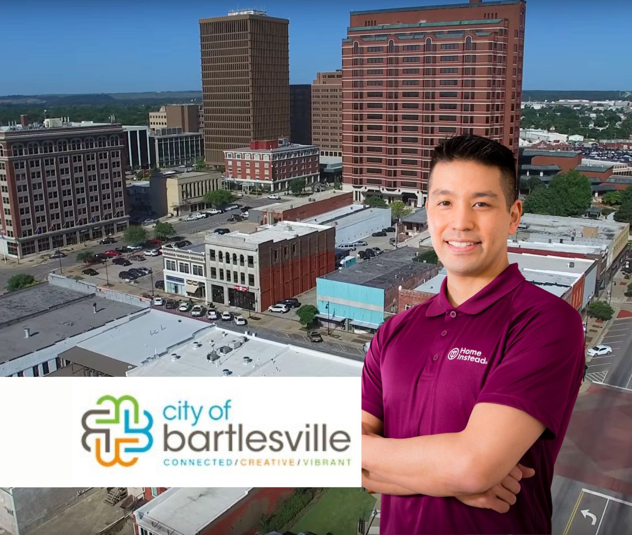 Home Instead caregiver with Bartlesville Oklahoma in the background