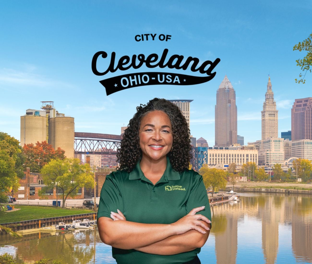 Home Instead caregiver with Cleveland, OH in the background