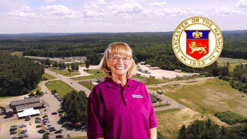 Home Instead caregiver with Lancaster Massachusetts in the background