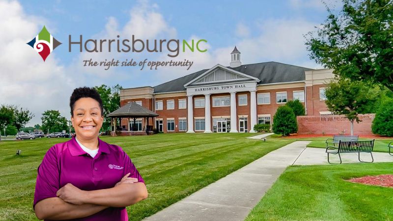 Home Instead caregiver with Harrisburg North Carolina in the background