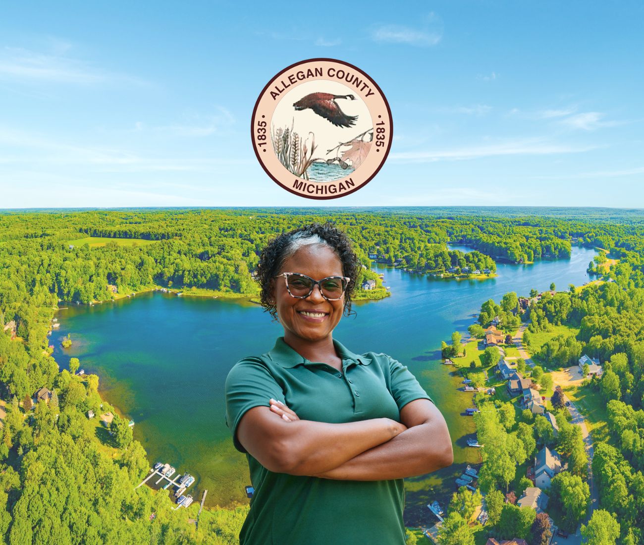 Home Instead caregiver with Allegan County, MI in the background