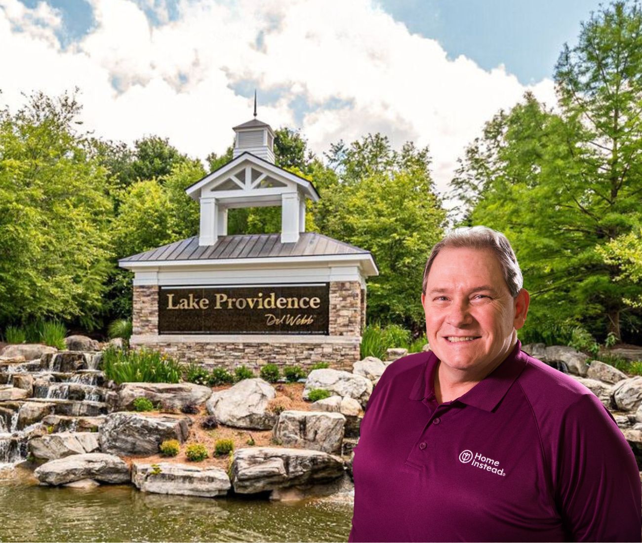 Home Instead caregiver with Del Webb Lake Providence, Mount Juliet, Tennessee in the background