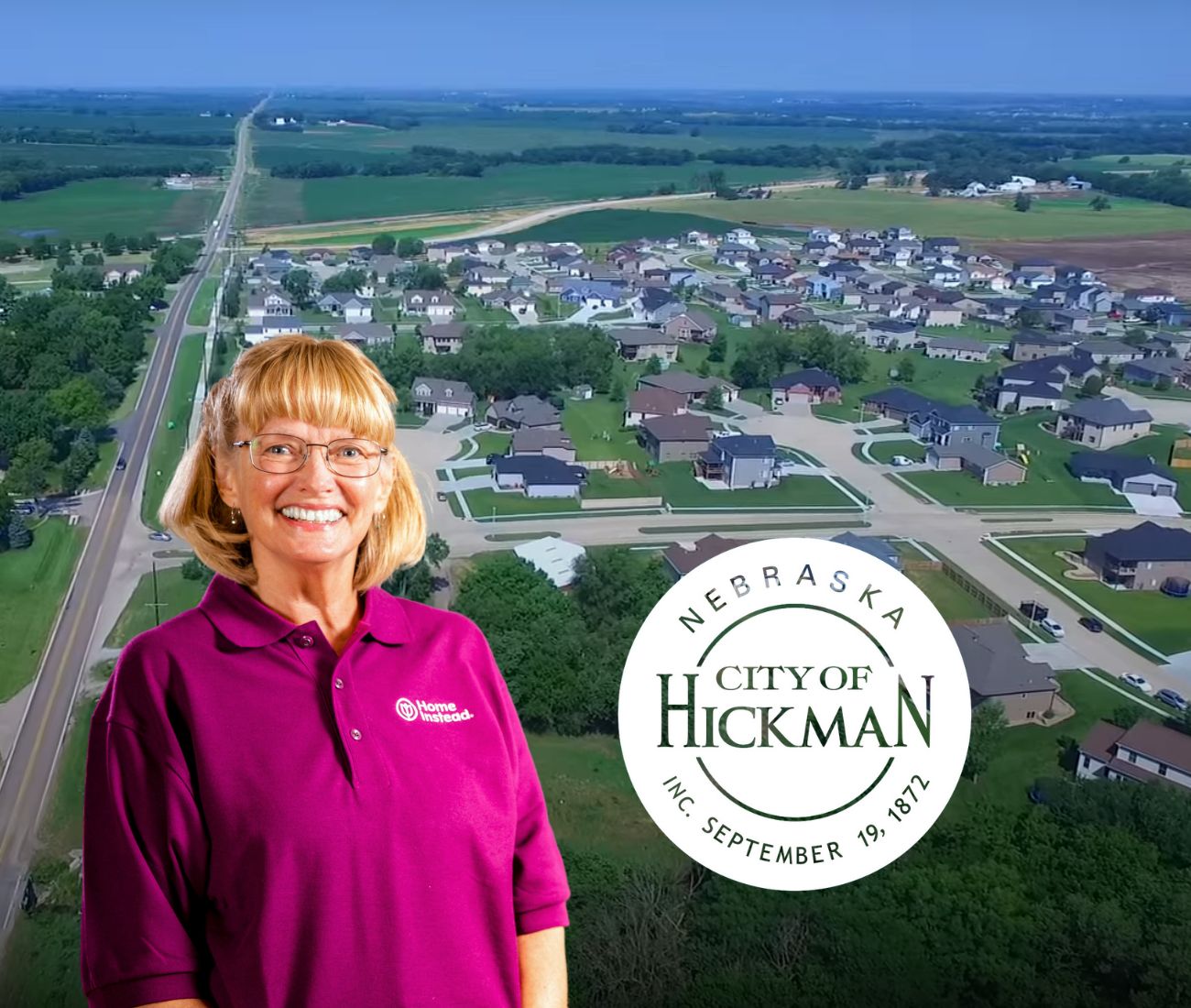 Home Instead caregiver with Hickman Nebraska in the background