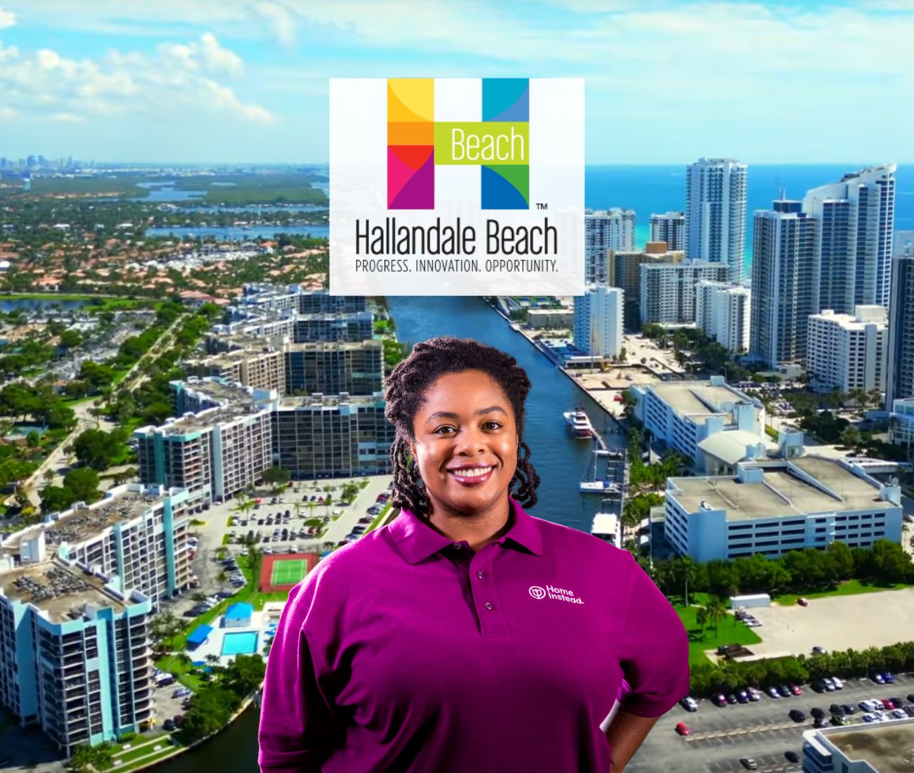 Home Instead caregiver with Hallandale Beach, FL in the background