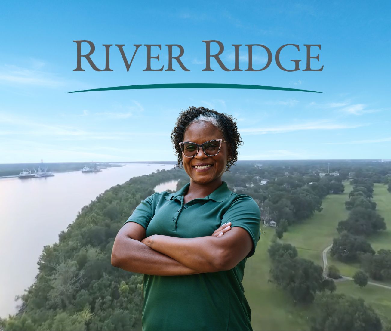 Home Instead caregiver with River Ridge, LA in the background