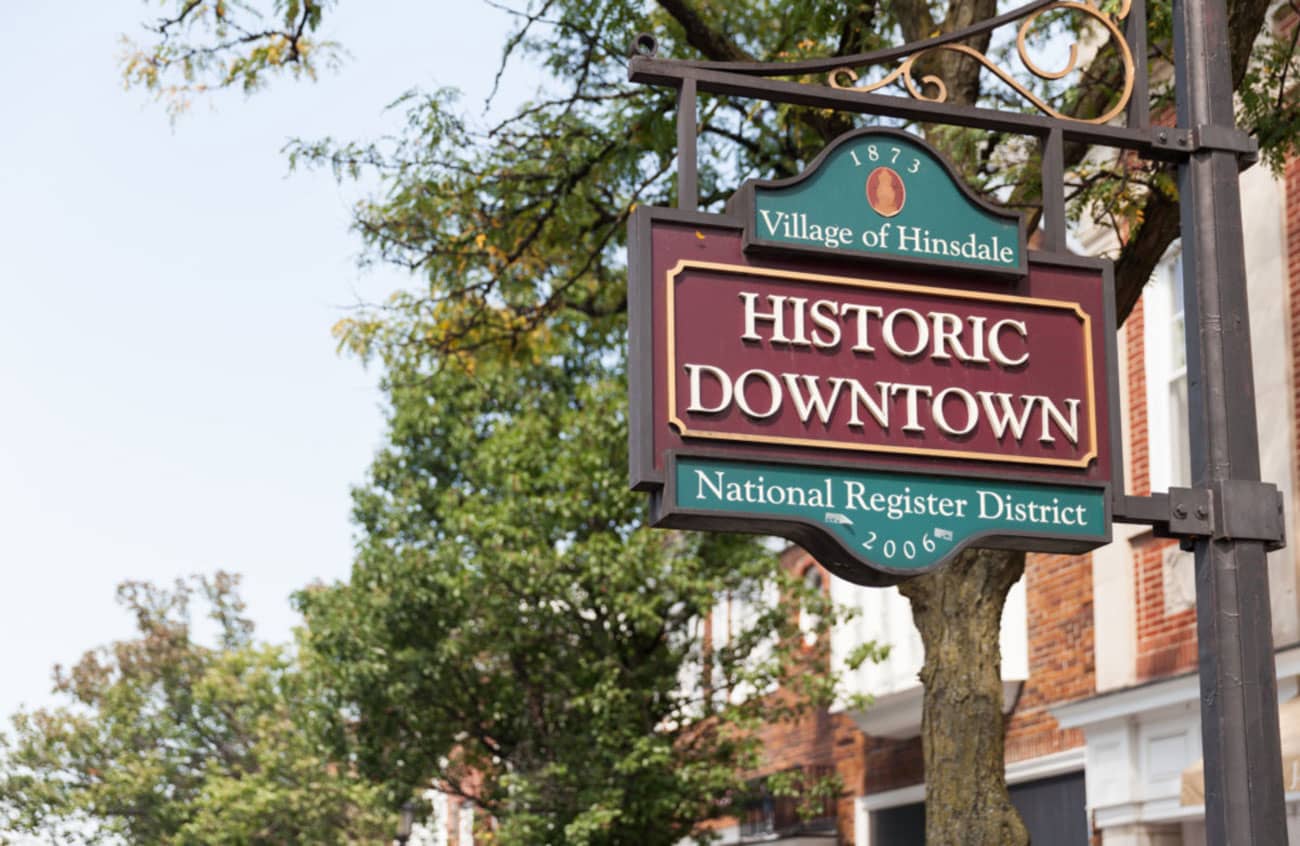 City sign for the Historic Downtown of the Village of Hinsdale, IL