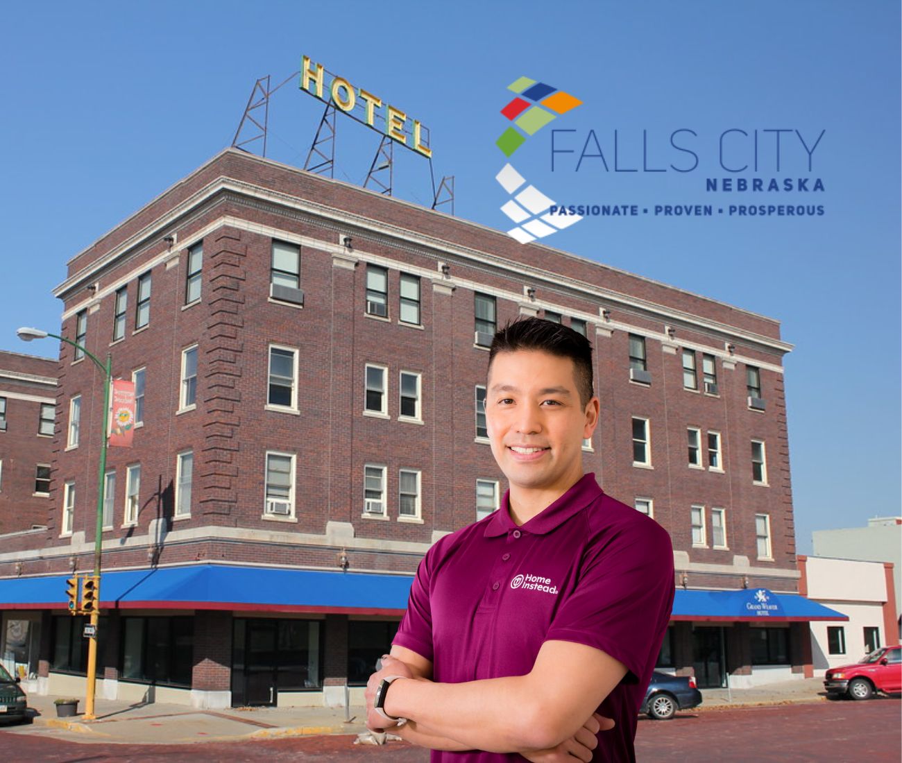 Home Instead caregiver with Falls City Nebraska in the background