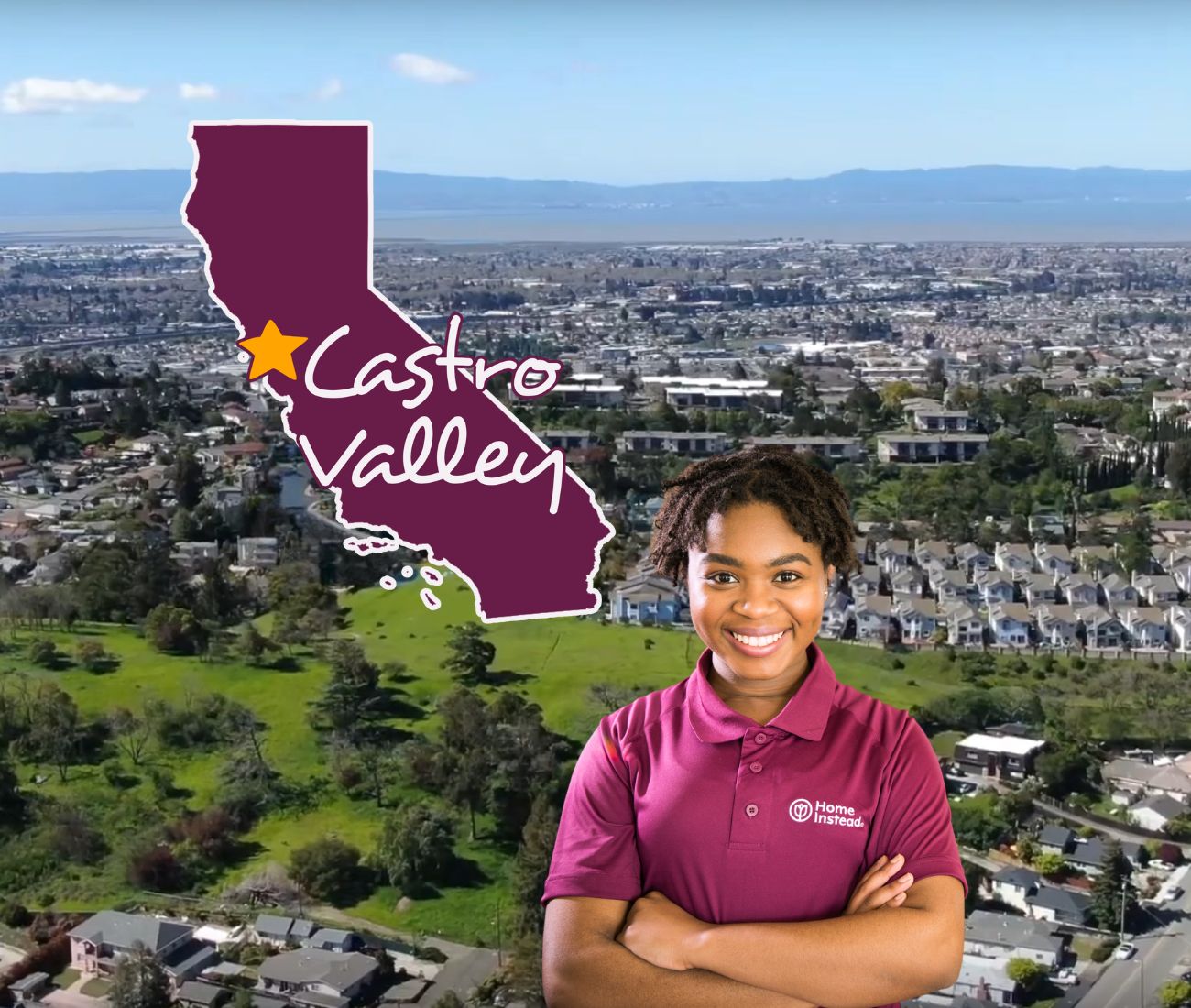 Home Instead caregiver with Castro Valley, California in the background
