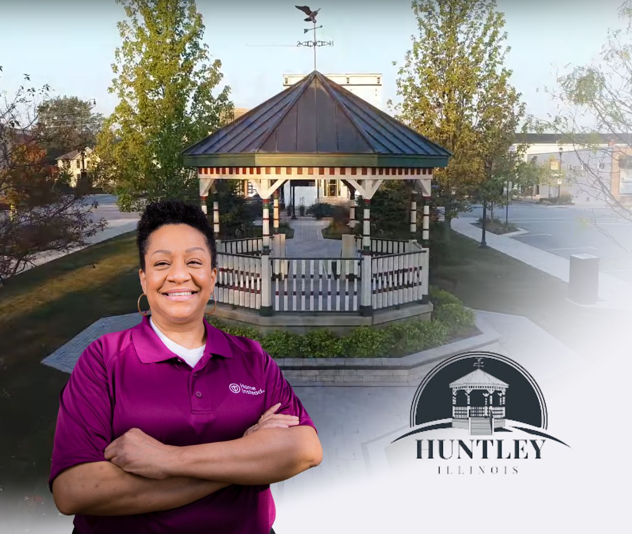 Home Instead caregiver with Huntley, Illinois in the background