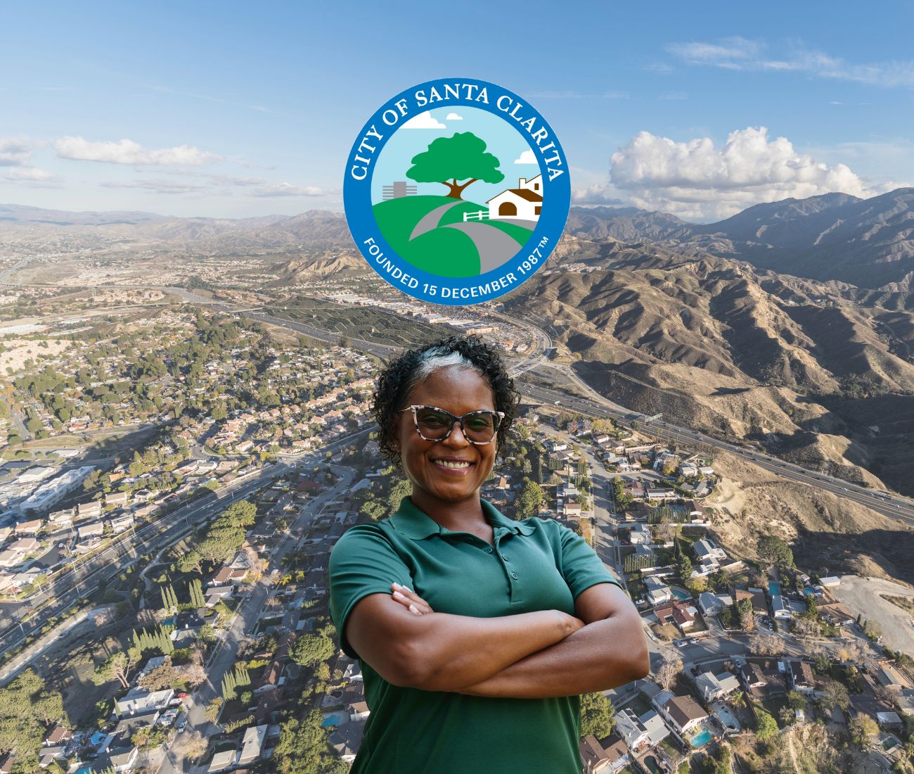 Home Instead caregiver with Santa Clarita, CA in the background