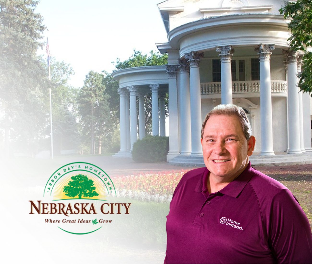 Home Instead caregiver with Nebraska City Nebraska in the background