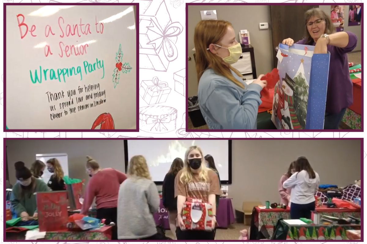 Collage of Home Instead employees wrapping gifts for local seniors in Lincoln Nebraska