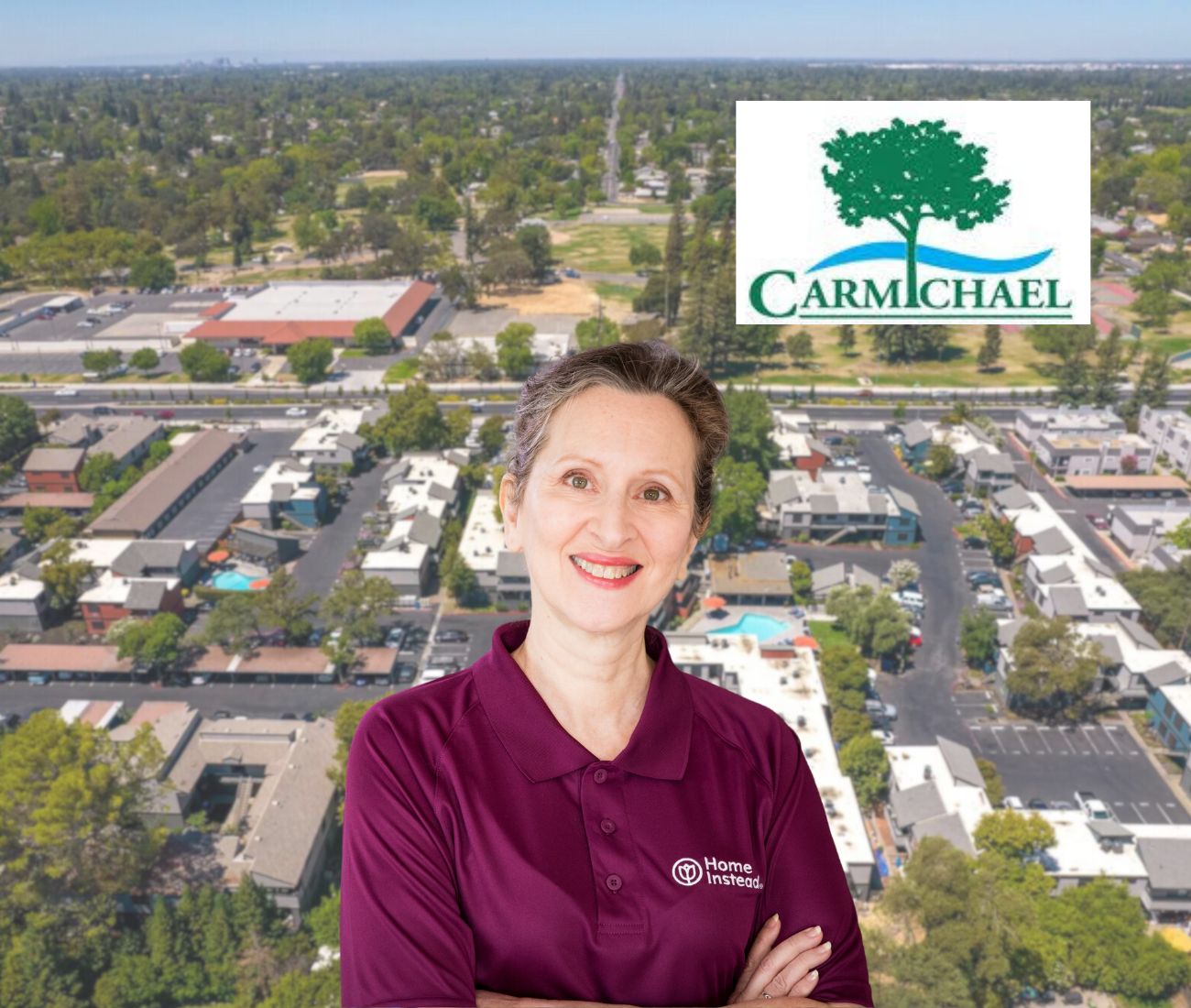Home Instead caregiver with Carmichael California in the background