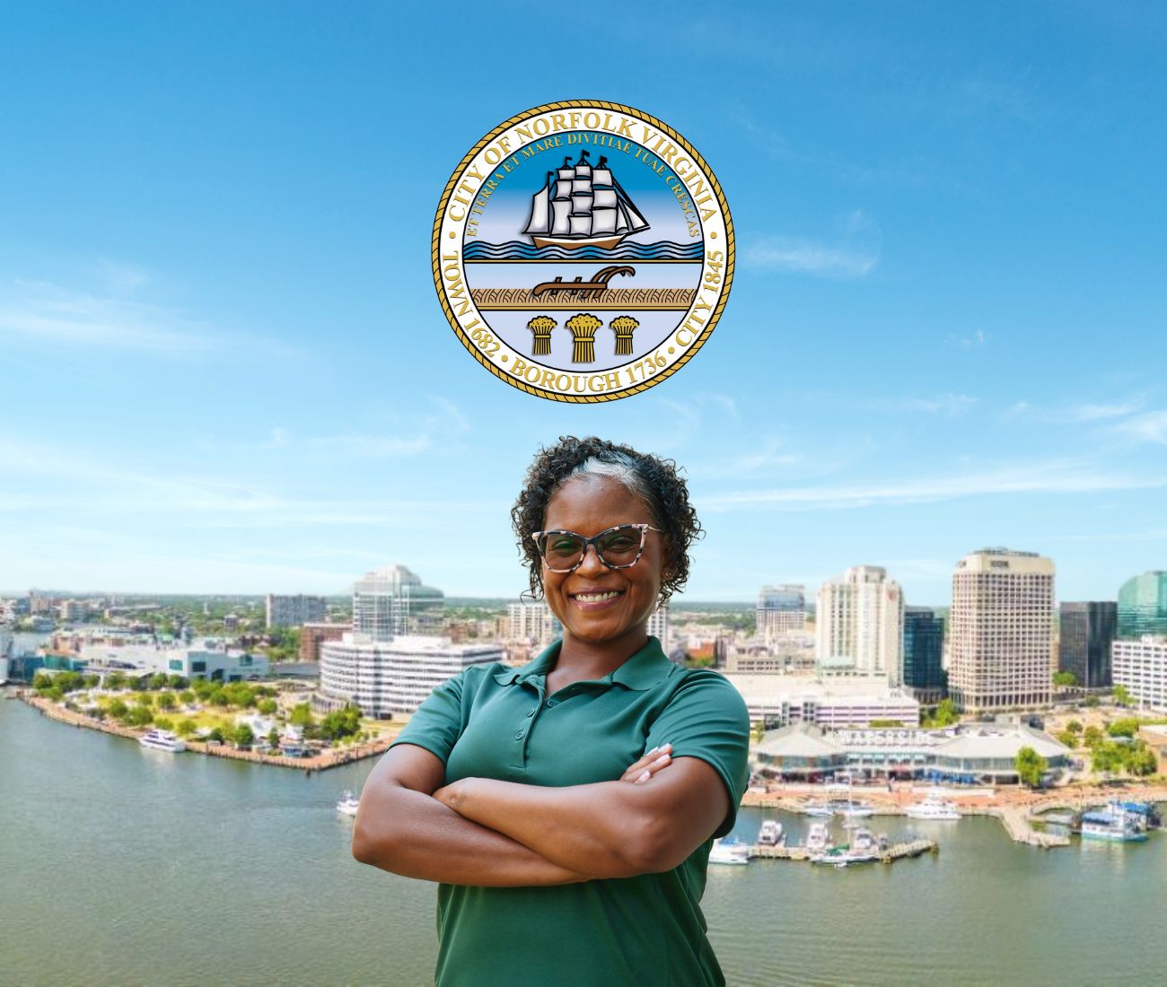 Home Instead caregiver with Norfolk, VA in the background