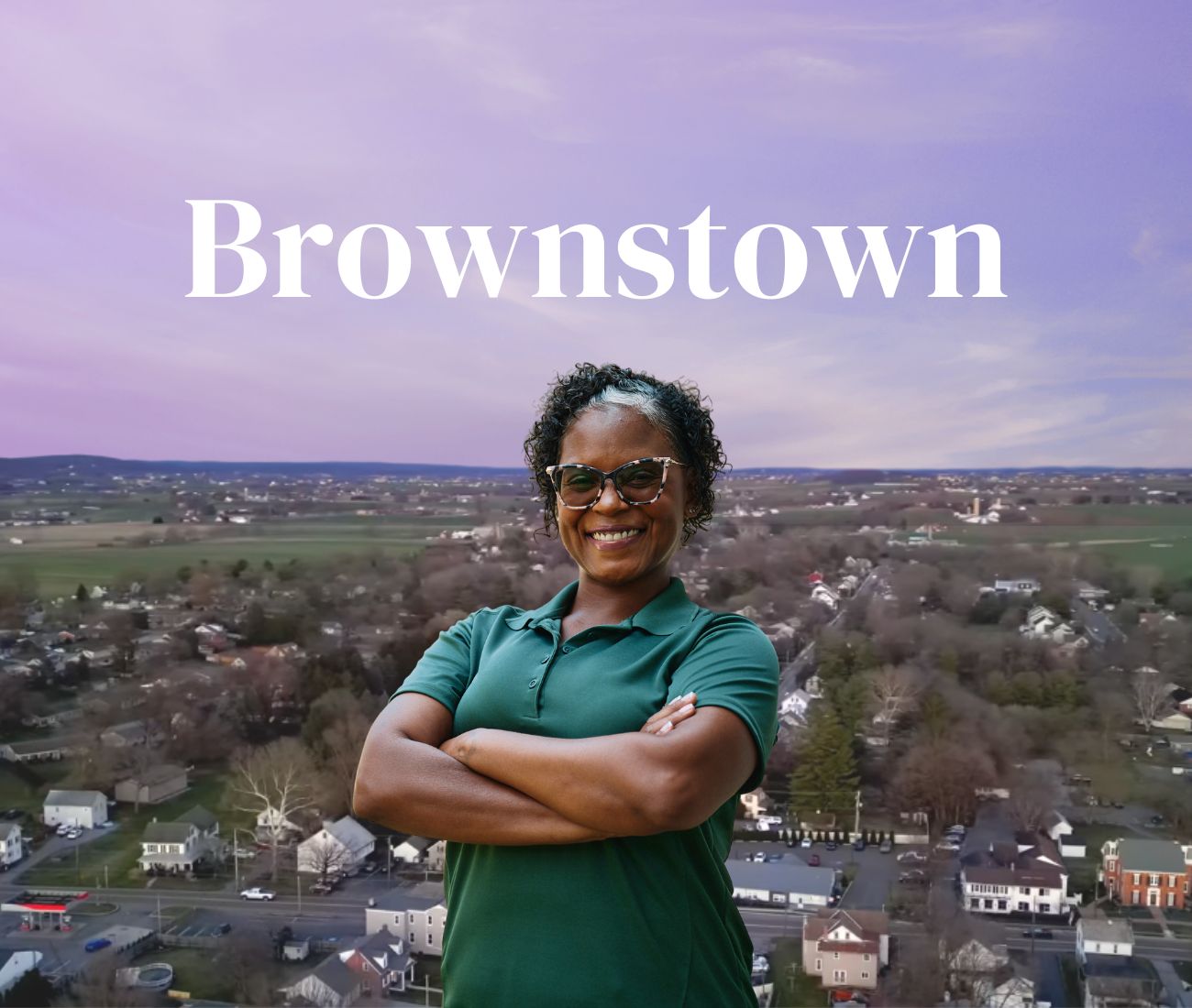 Home Instead caregiver with Brownstown Pennsylvania in the background