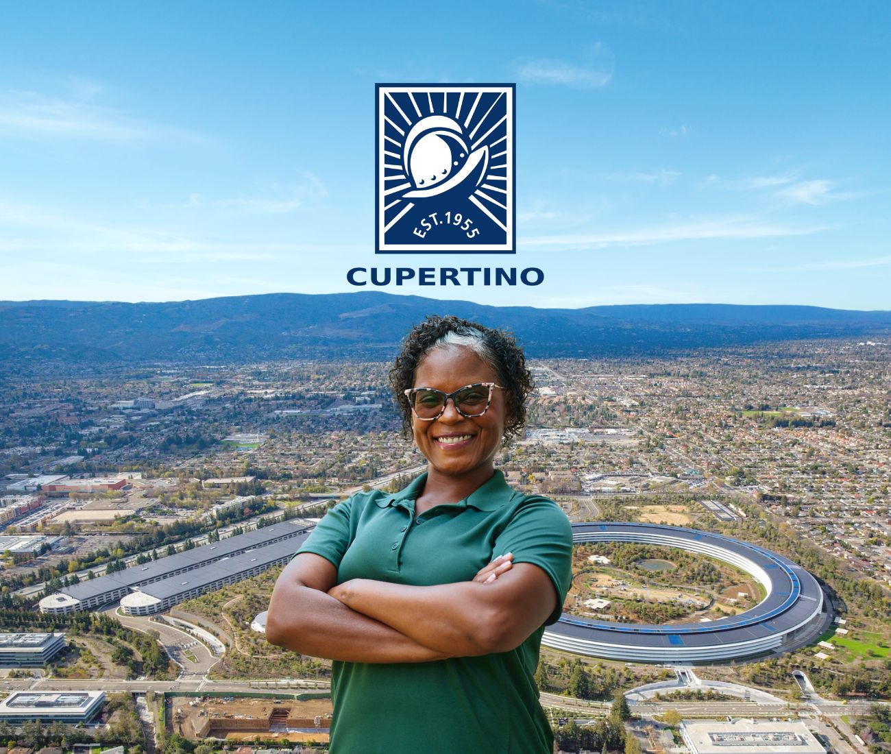 Home Instead caregiver with Cupertino California in the background