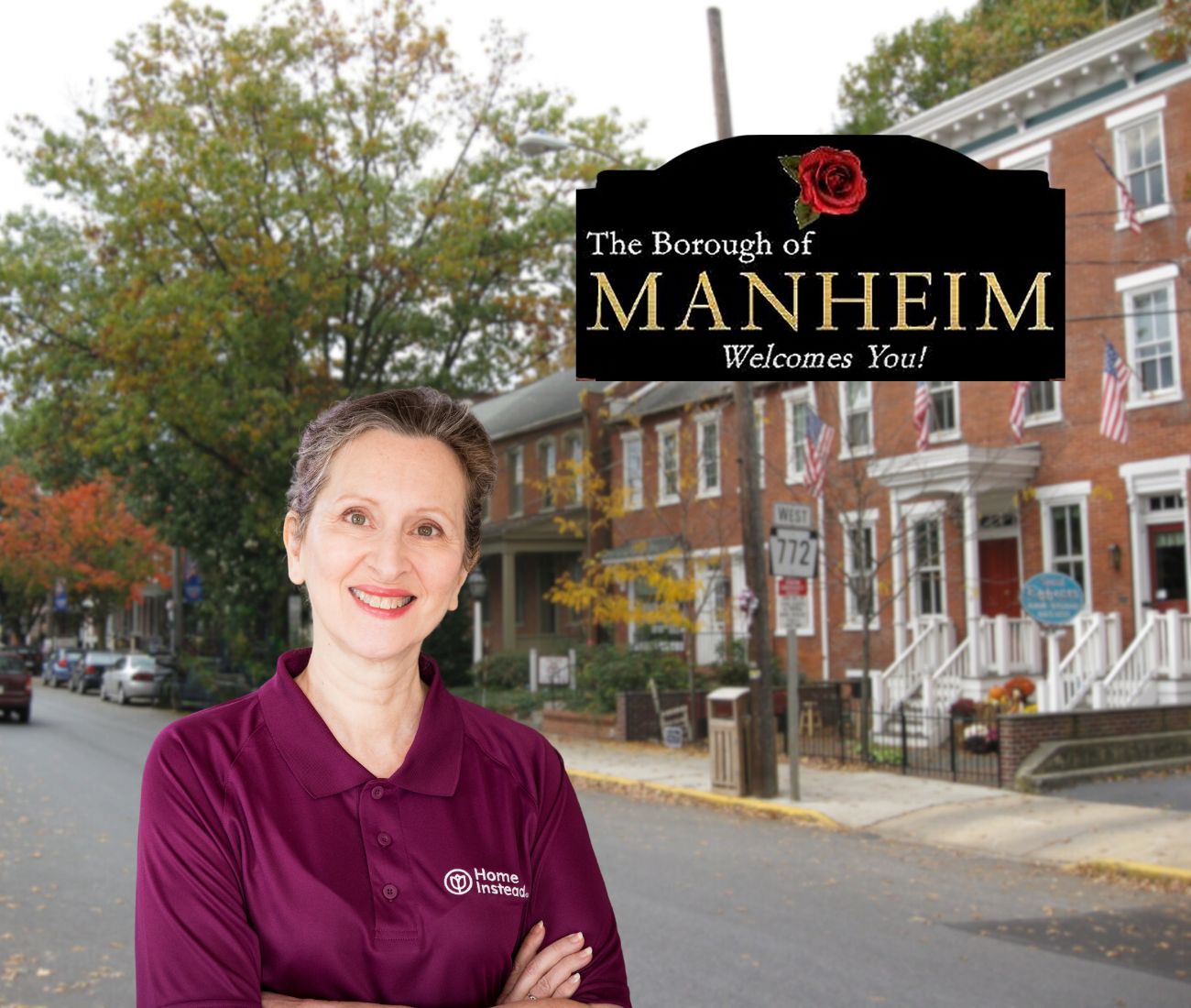 Home Instead caregiver with Manheim, Pennsylvania in the background