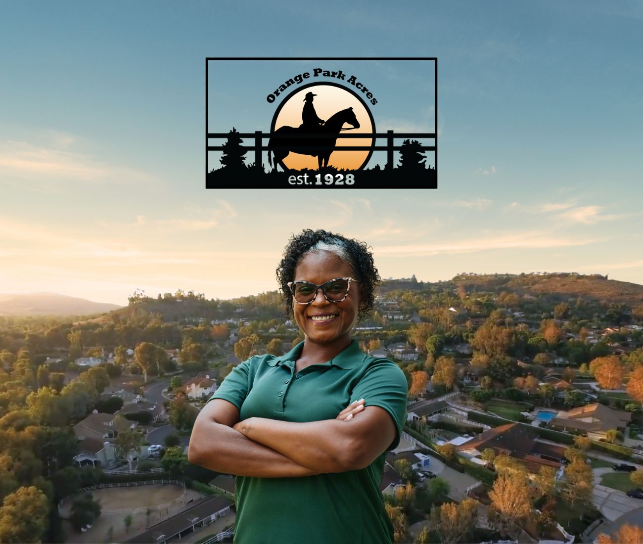 Home Instead caregiver with Orange Park Acres California in the background
